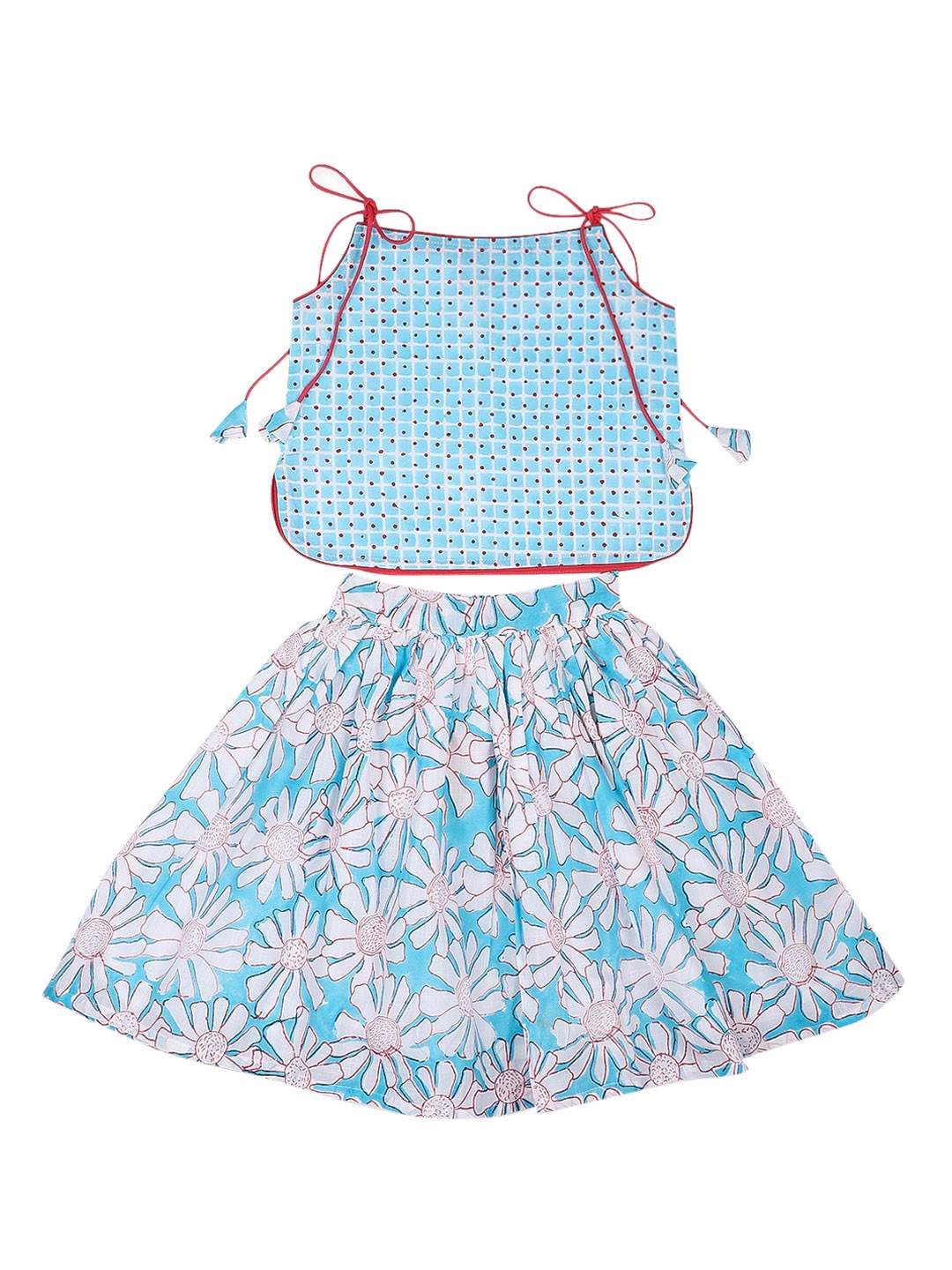

Fabindia Girls Blue Floral Pure Cotton Top with Skirt