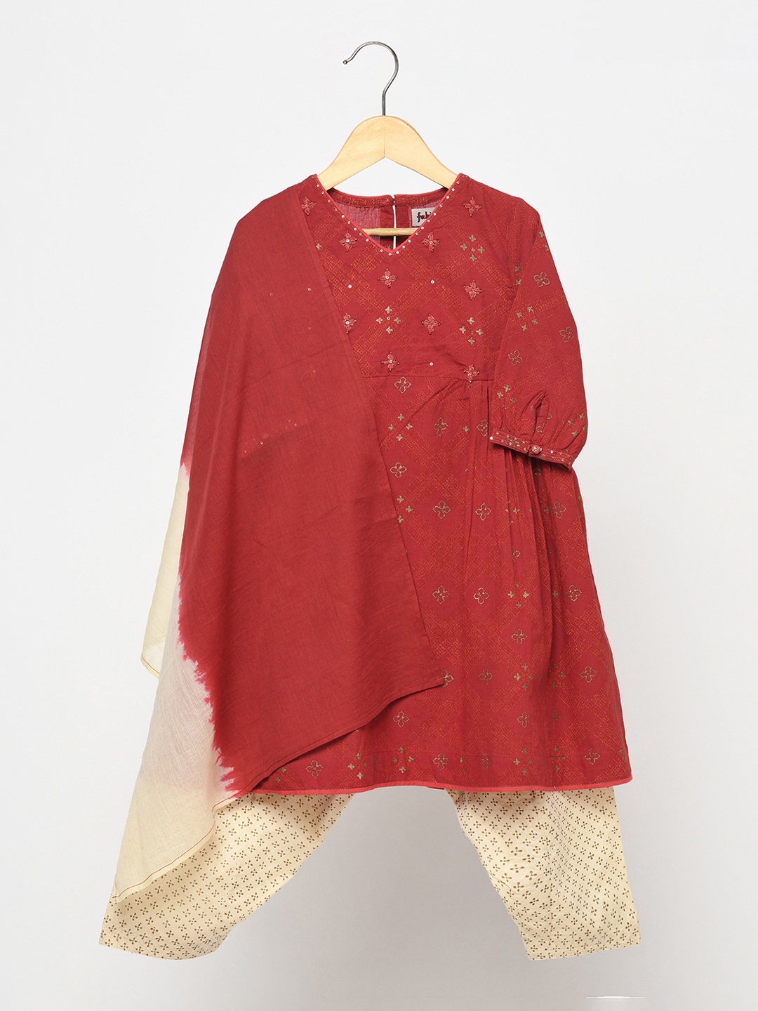 

Fabindia Girls Red & Cream-Coloured Printed Pure Cotton Kurta with Salwar & Dupatta