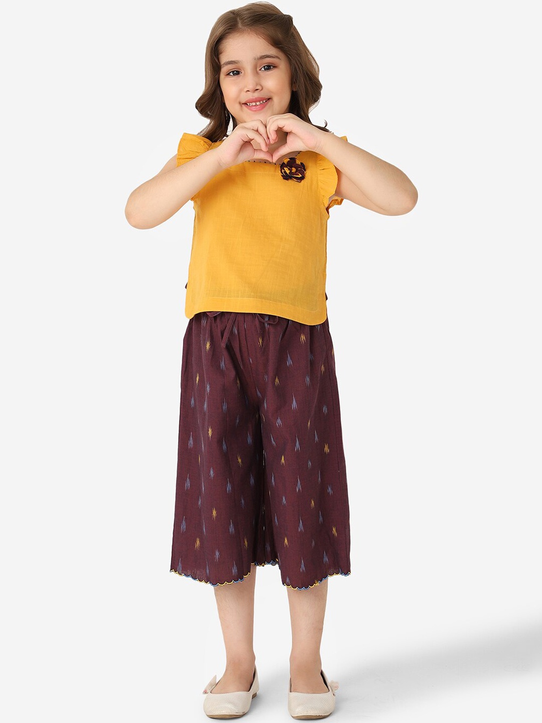 

Fabindia Girls Yellow & Purple Ethnic Motifs Pure Cotton Top with Palazzos