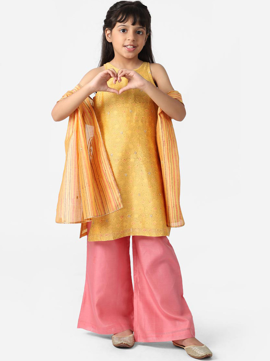 

Fabindia Girls Yellow Printed Kurta with Palazzos & With Dupatta
