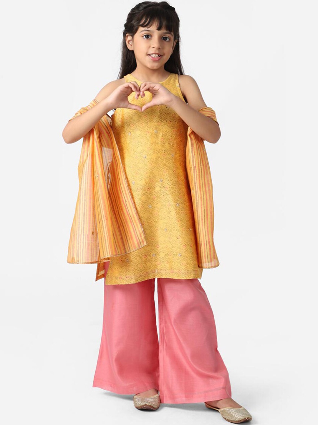 

Fabindia Girls Yellow Floral Printed Kurta with Palazzos & With Dupatta