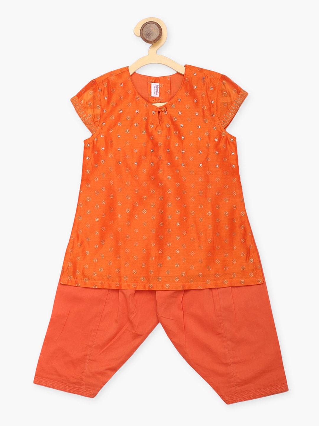 

Fabindia Girls Orange Ethnic Motifs Printed Angrakha Cotton Silk Kurta with Salwar