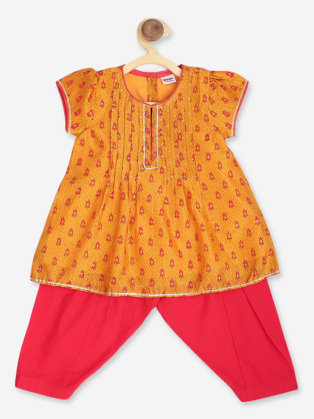 

Fabindia Girls Yellow Ethnic Motifs Printed Pleated Sequinned Kurta with Salwar