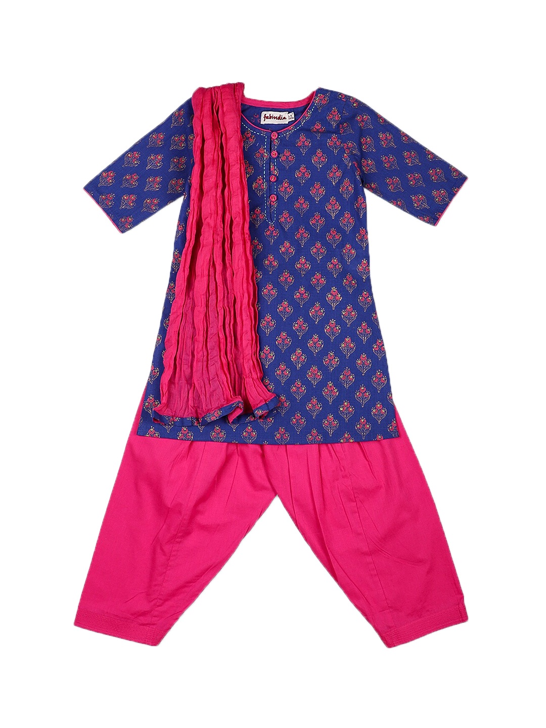 

Fabindia Girls Navy Blue & Pink Ethnic Printed Pure Cotton Kurta with Patiala & Dupatta