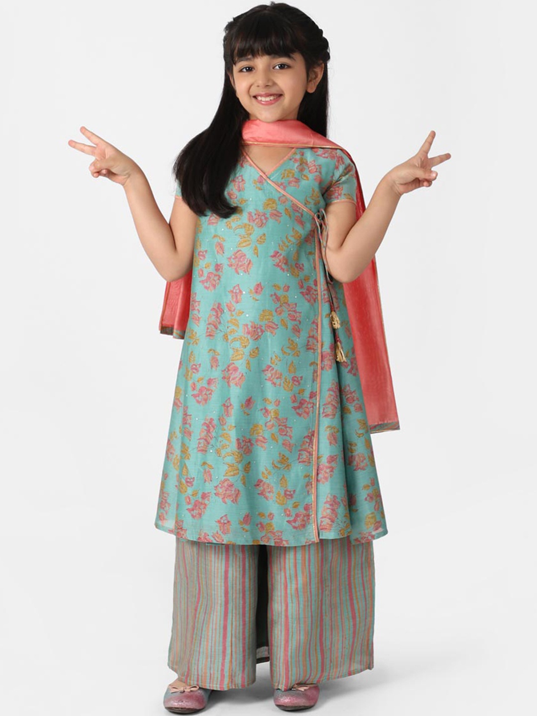 

Fabindia Girls Turquoise Blue Floral Printed Angrakha Kurta with Palazzos & With Dupatta
