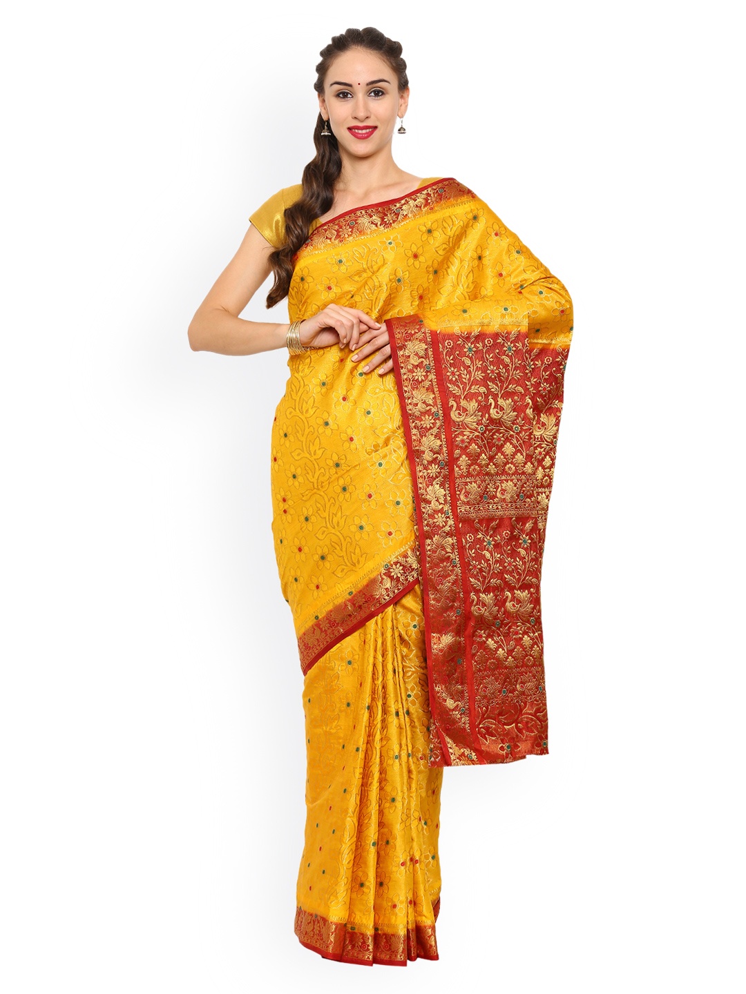 

MIMOSA Mustard Yellow & Maroon Kanjeevaram Art Silk Traditional Saree