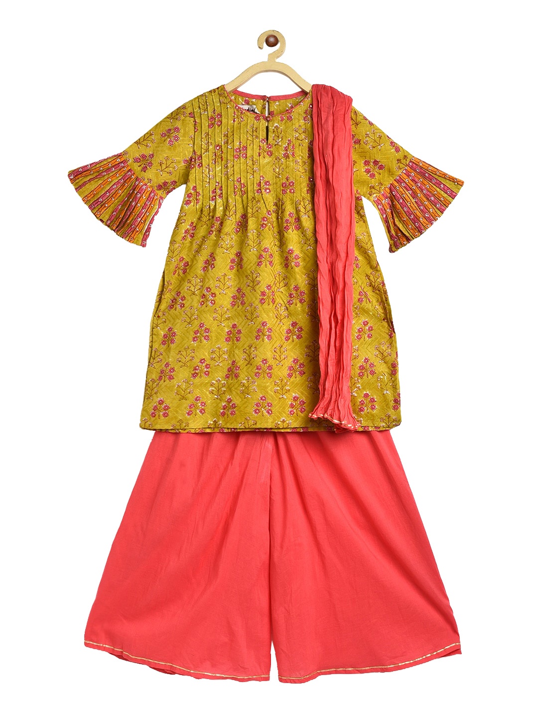 

Fabindia Girls Lime Green & Magenta Printed Pure Cotton Kurta with Palazzos & Dupatta