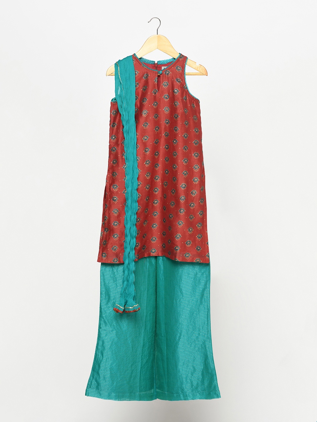 

Fabindia Girls Maroon & Sea Green Ethnic Motifs Printed Kurta with Palazzos & Dupatta