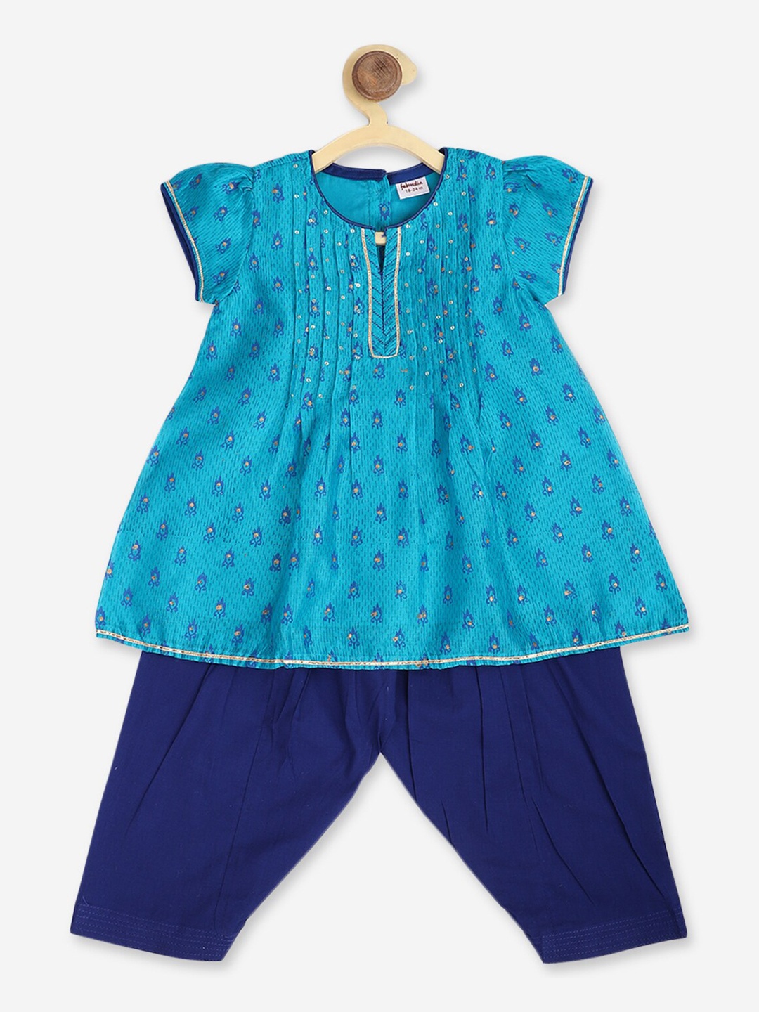 

Fabindia Girls Teal Blue & Navy Blue Ethnic Motifs Printed Kurta with Salwar