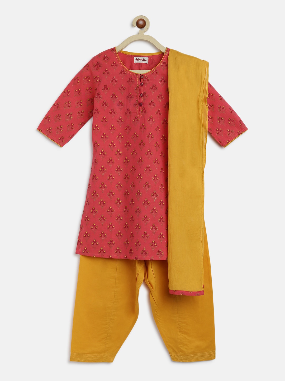 

Fabindia Girls Magenta & Mustard Yellow Printed Pure Cotton Kurta with Patiala & Dupatta