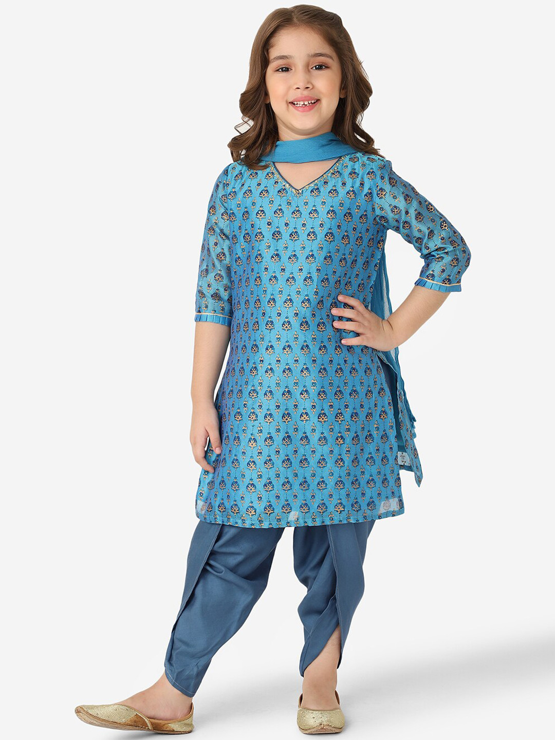 

Fabindia Girls Blue Printed Kurta with Patiala & With Dupatta