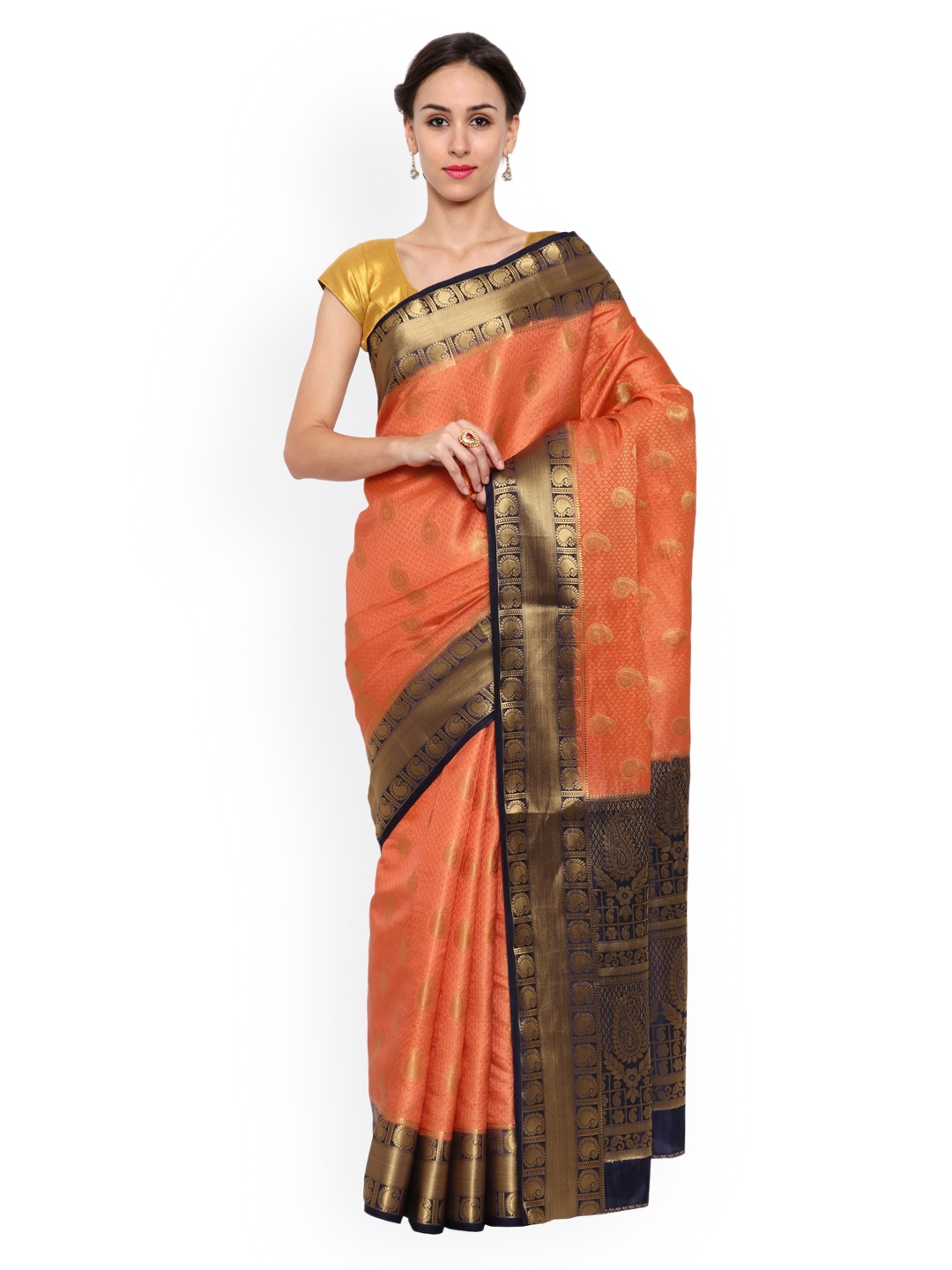 

MIMOSA Peach-Coloured & Black Kanjeevaram Art Silk Traditional Saree