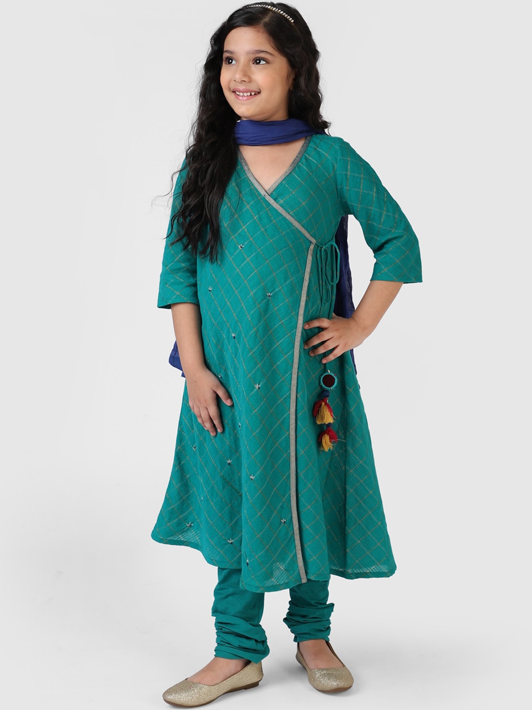 

Fabindia Girls Teal Blue Printed Angrakha Pure Cotton Kurta with Churidar & Dupatta