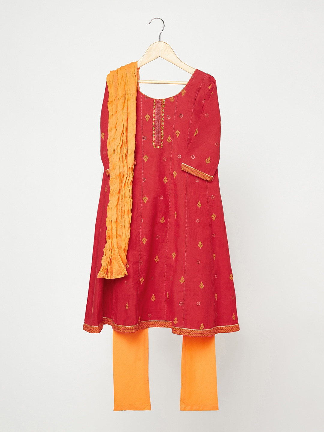 

Fabindia Girls Red Ethnic Motifs Panelled Pure Cotton Kurta with Churidar & With Dupatta