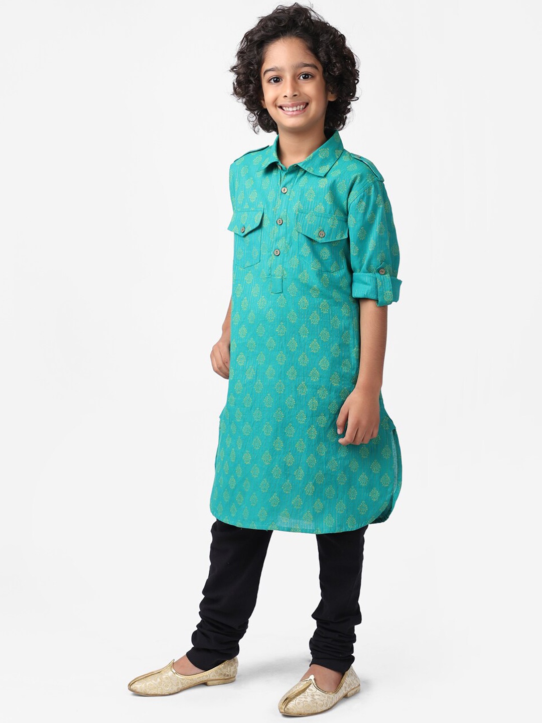 

Fabindia Boys Teal Ethnic Motif Printed A-Line Cotton Kurta