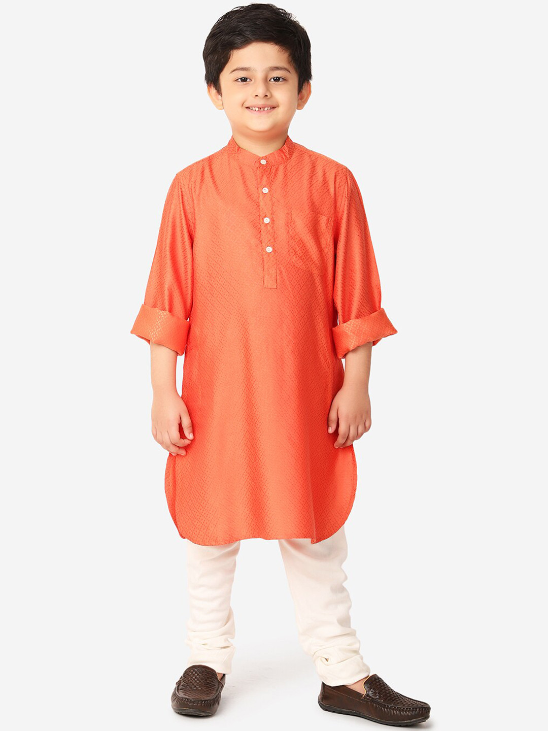 

Fabindia Boys Orange Thread Work Dobby Kurta