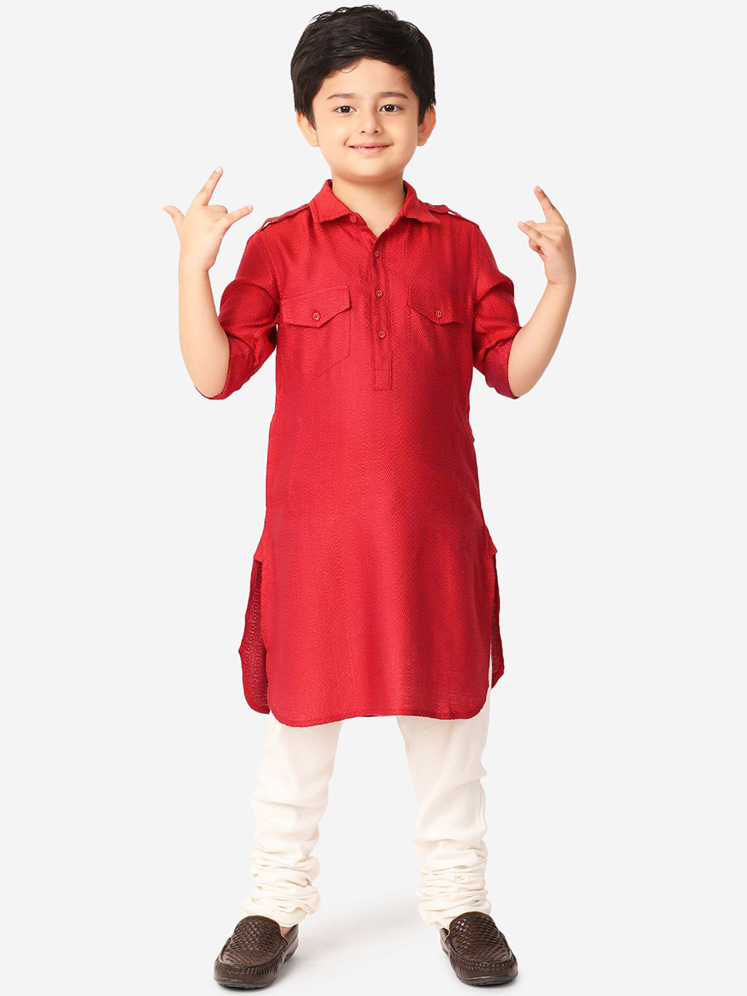 

Fabindia Boys Pink Woven Design Pathani Kurta
