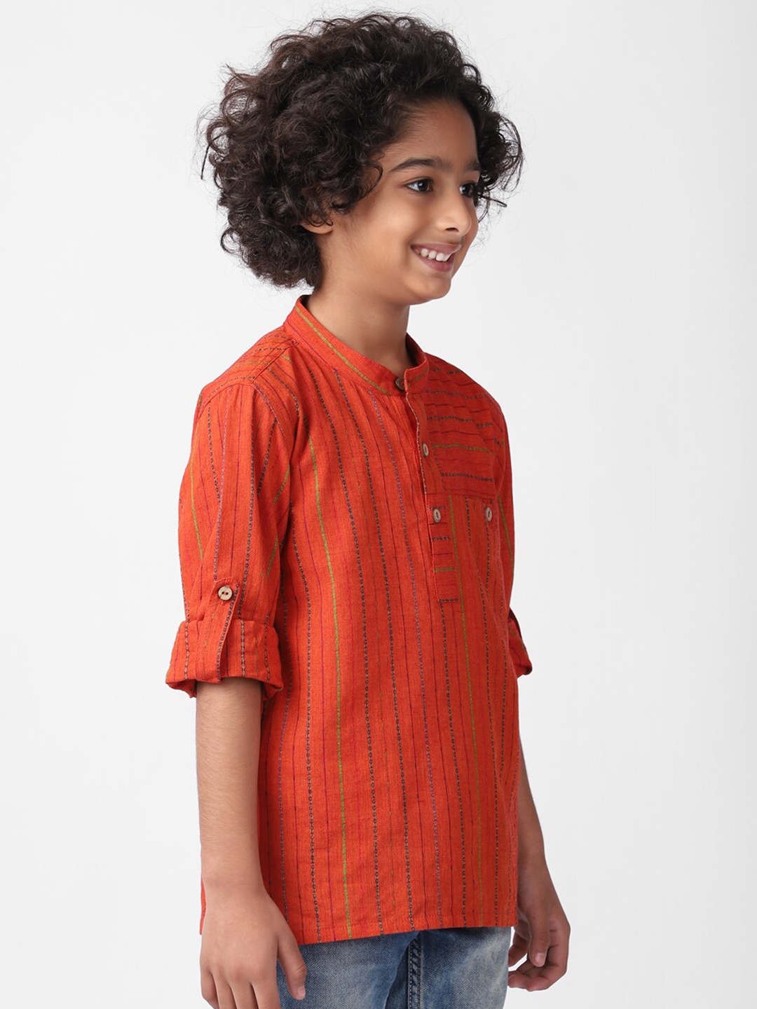 

Fabindia Boys Rust & Blue Striped Cotton Dobby Kurta