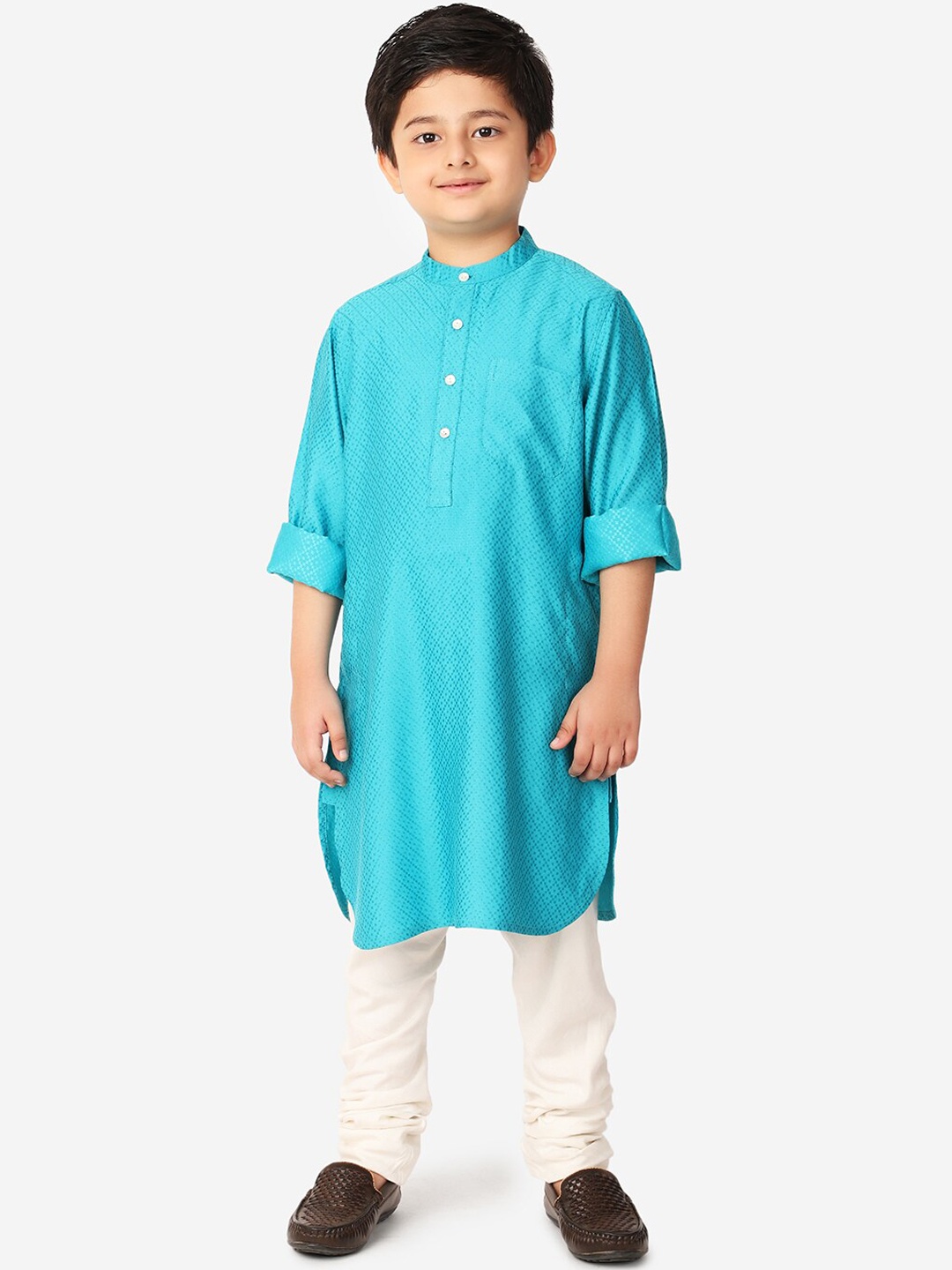 

Fabindia Boys Turquoise Blue Geometric Dobby Kurta
