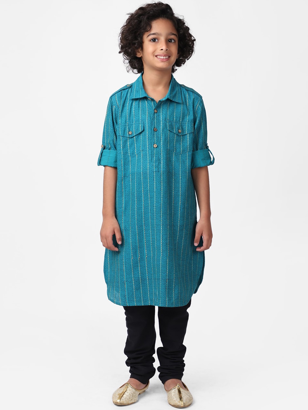 

Fabindia Boys Green Geometric Printed Thread Work Pathani Kurta