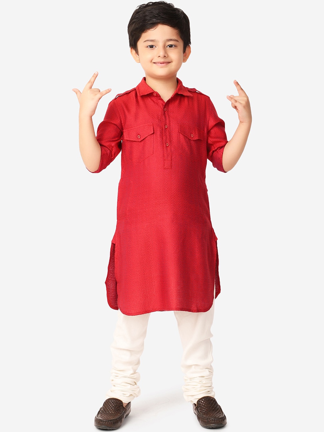 

Fabindia Boys Red Woven Design Rayon Pathani Kurta