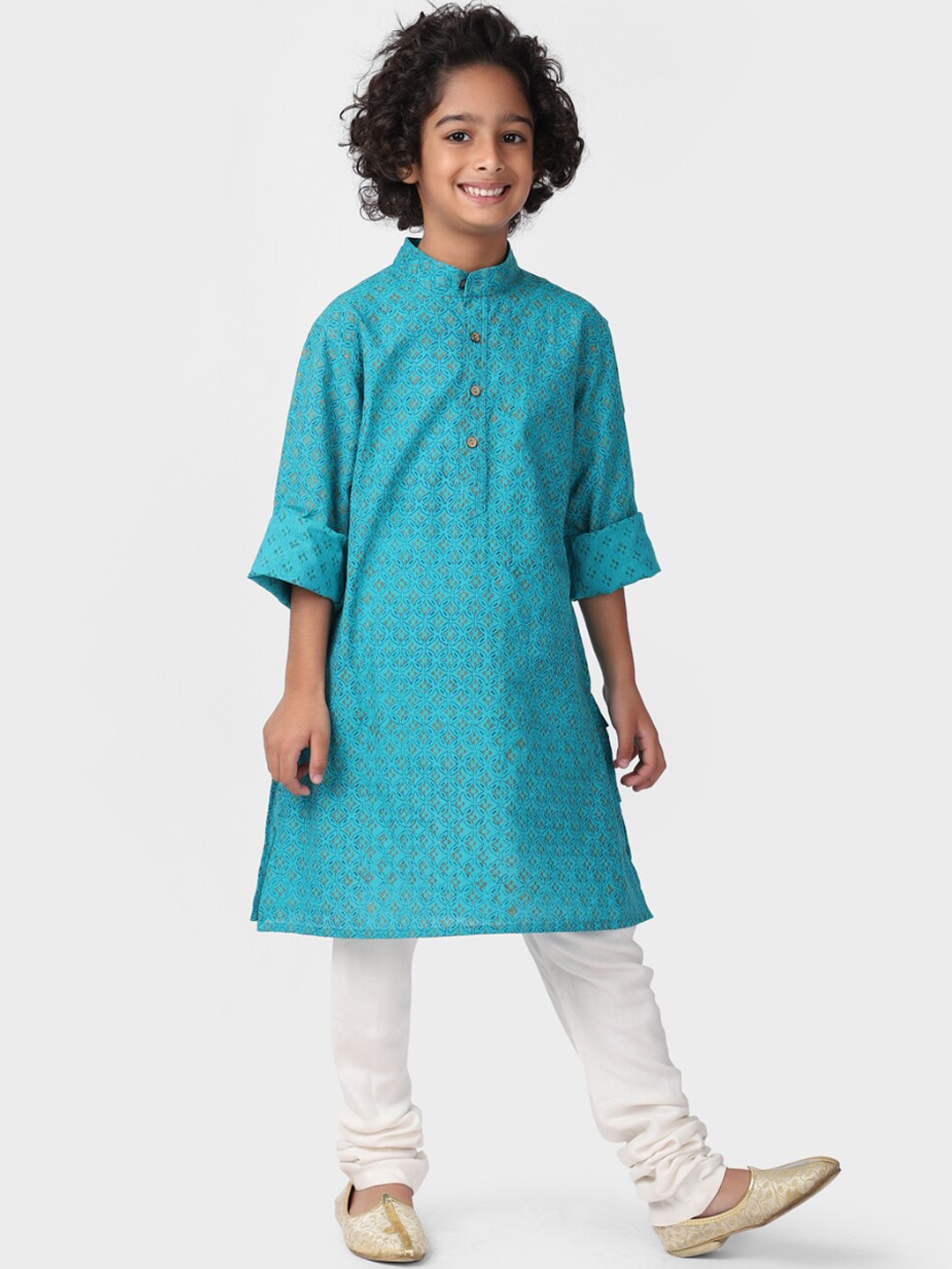 

Fabindia Boys Teal Blue Geometric Cotton Kurta