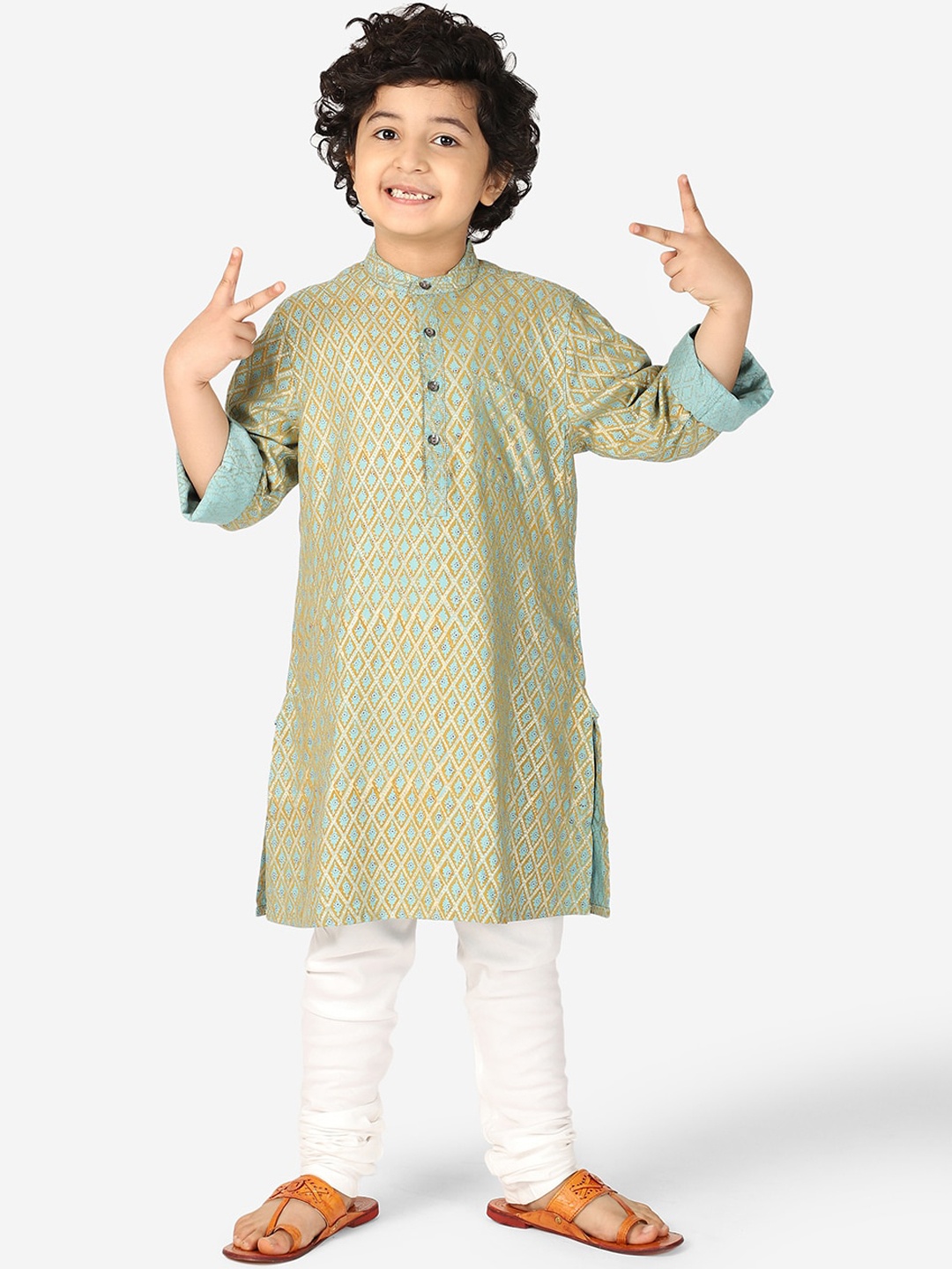 

Fabindia Boys Blue & Mustard Yellow Printed Kurta