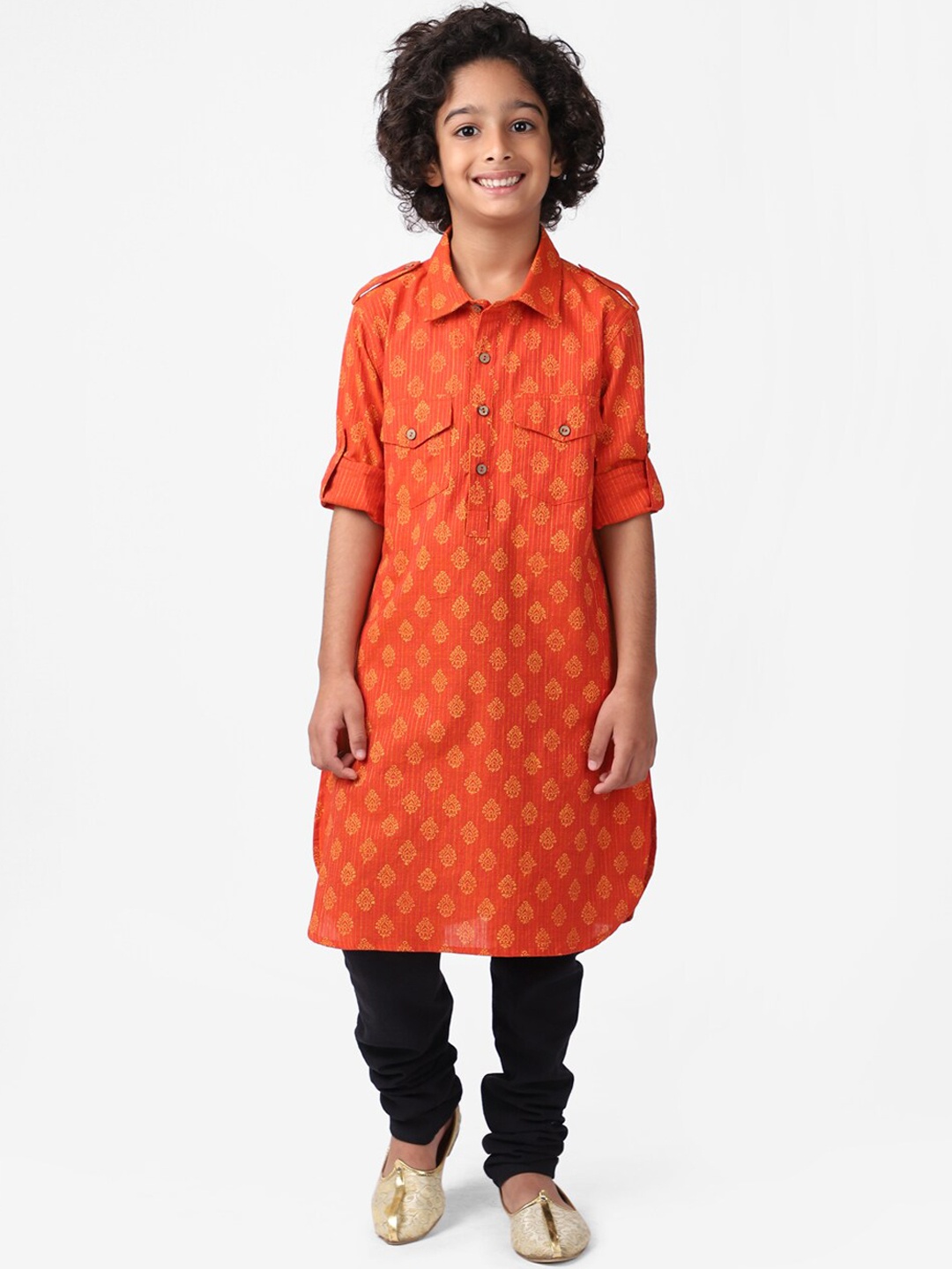 

Fabindia Boys Red & Yellow Ethnic Motifs Printed Cotton Pathani Kurta