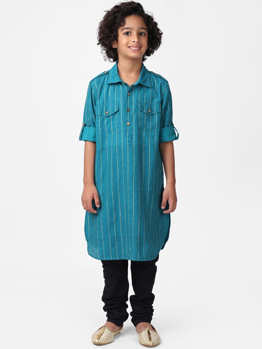 

Fabindia Boys Teal Blue & Blue Striped Cotton Kurta