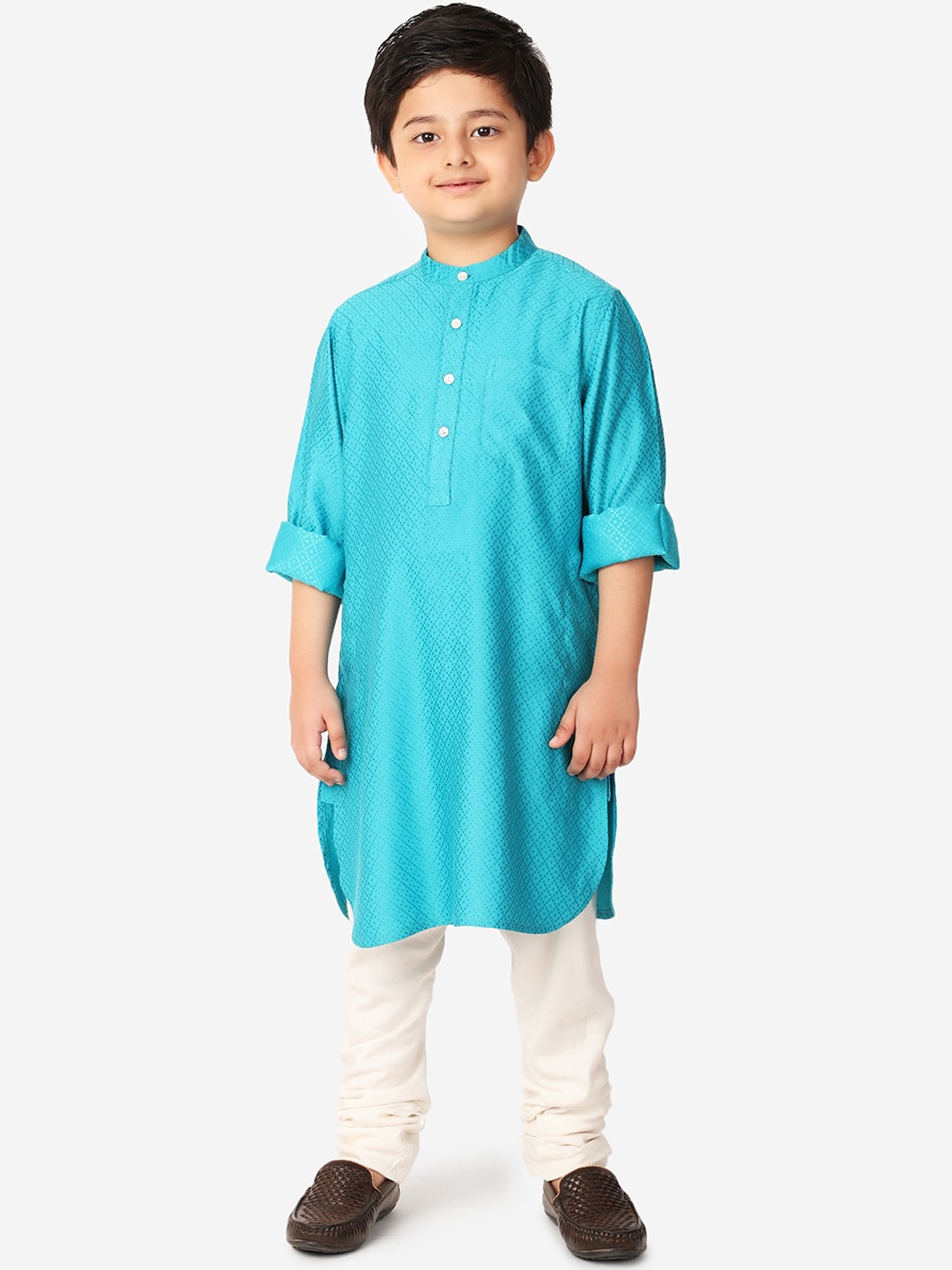 

Fabindia Boys Turquoise Blue Woven Design Dobby Kurta