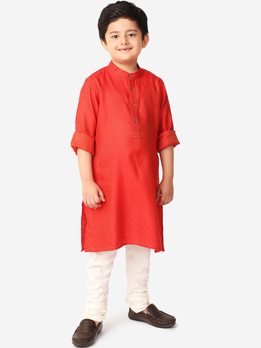 

Fabindia Boys Rust Red Jacquard Kurta
