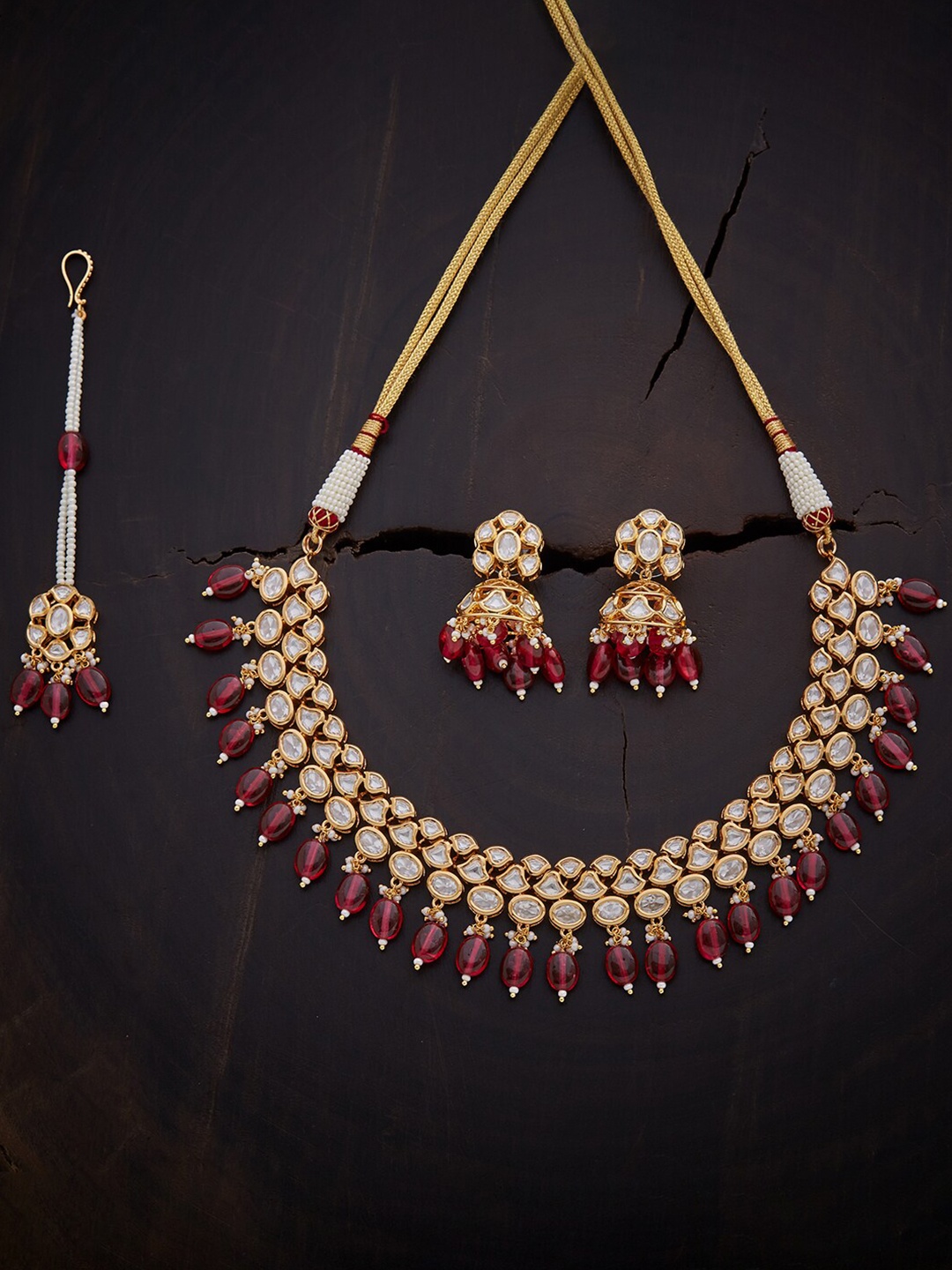 

Kushal's Fashion Jewellery Gold Toned Red Kundan Necklace Set