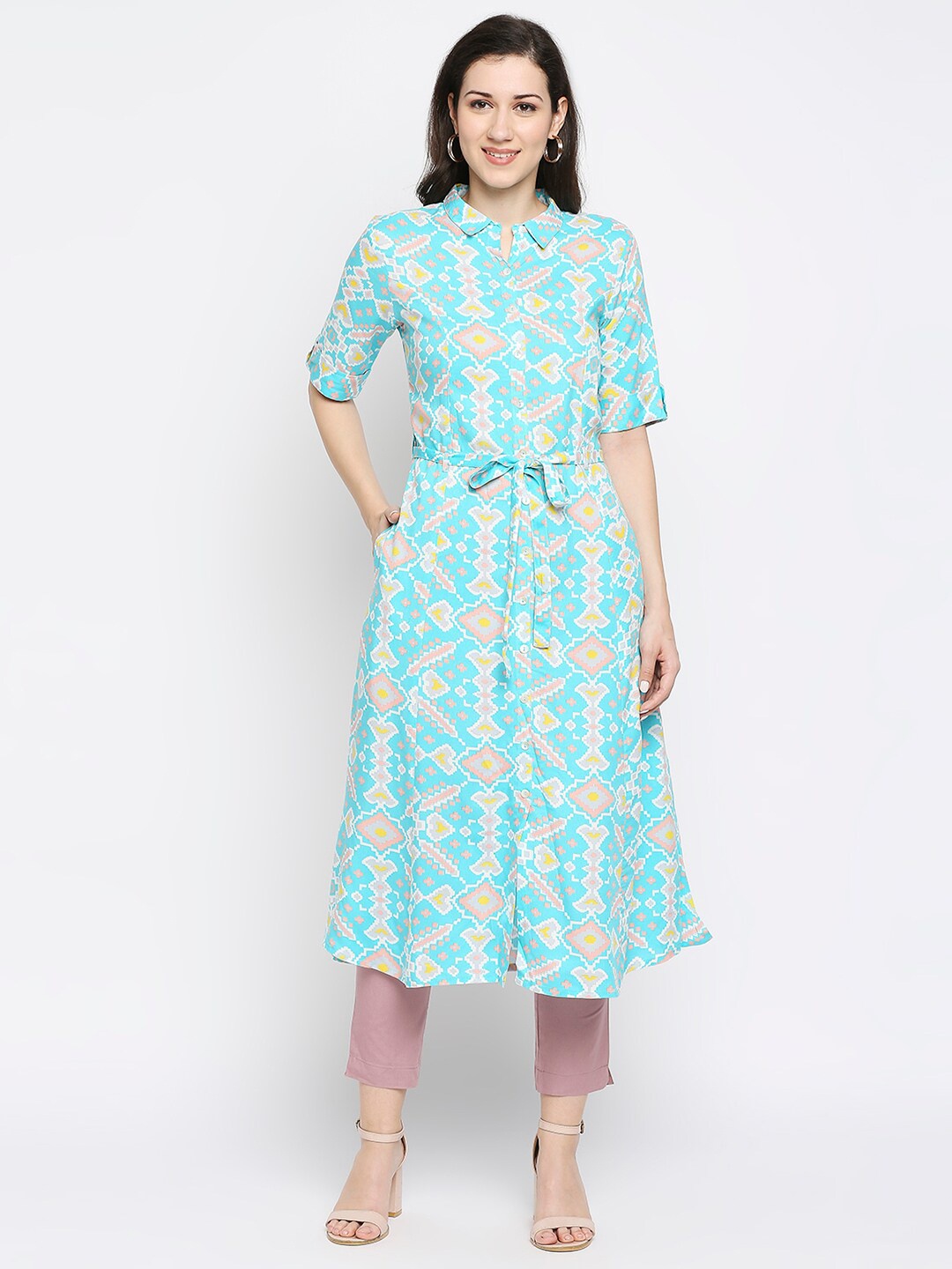 

Ethnicity Blue Geometric Print Roll-Up Sleeves Shirt Style Longline Top