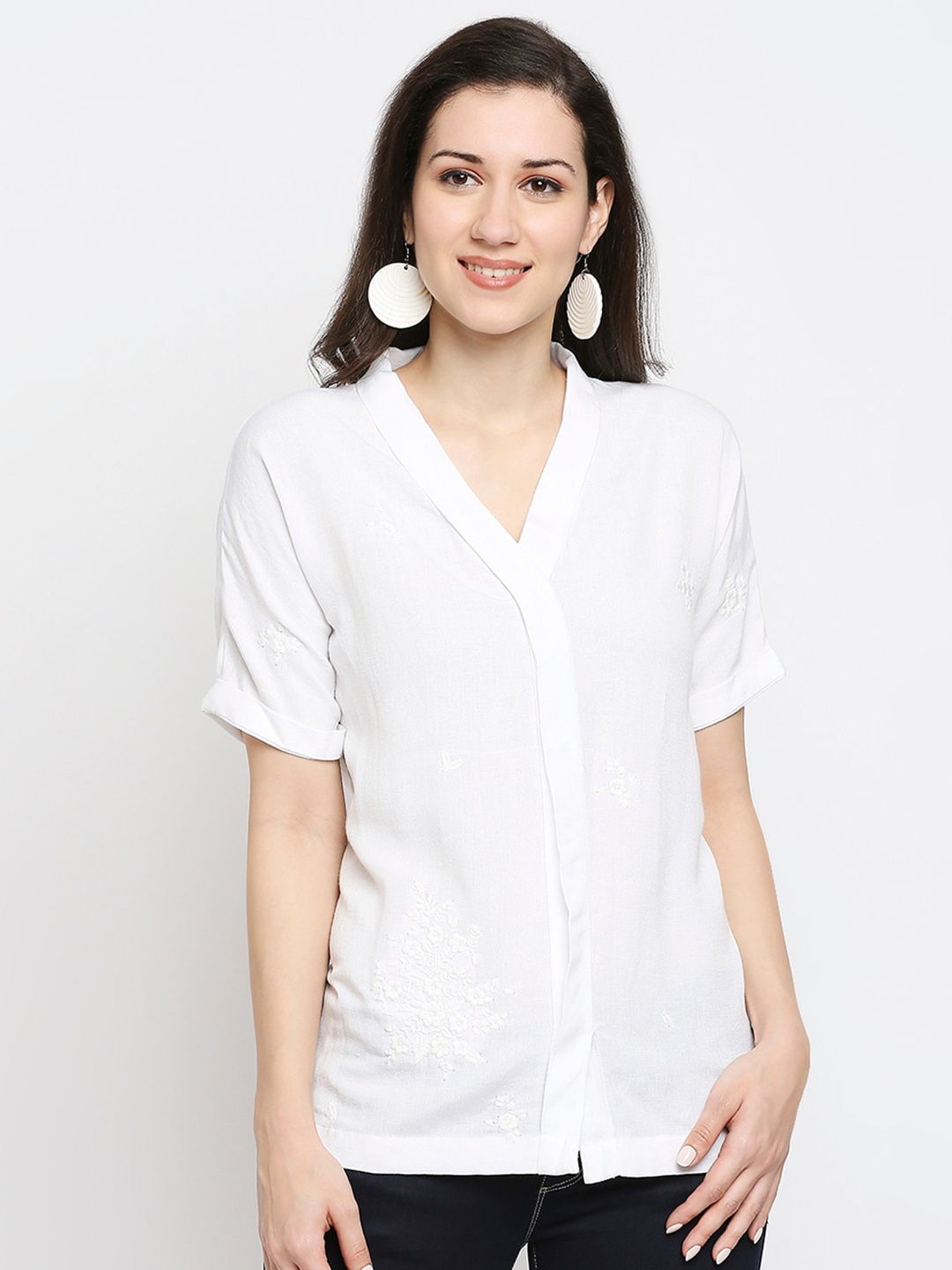 

Ethnicity White Embroidered Extended Sleeves Shirt Style Top