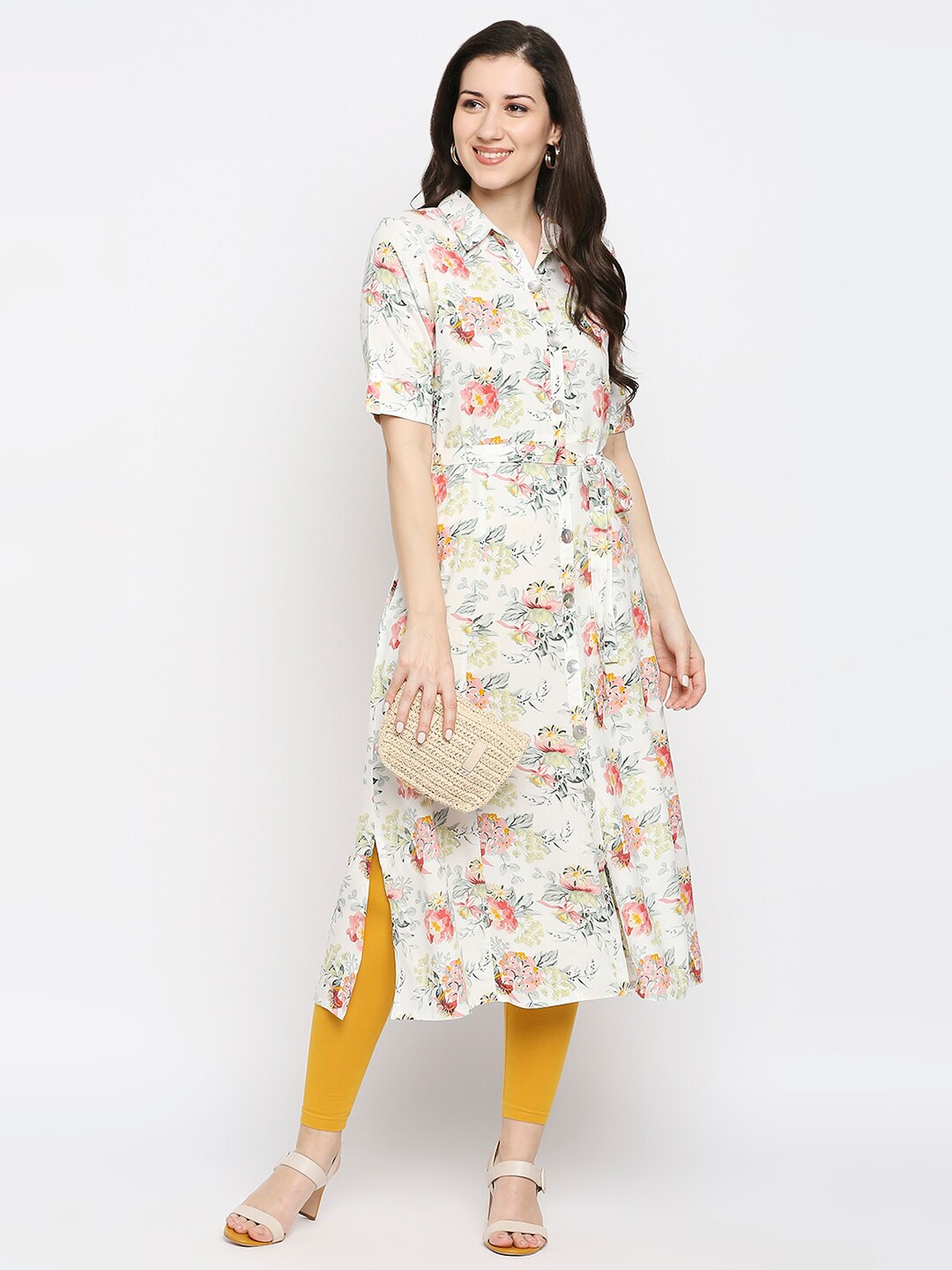 

Ethnicity Women Off White & Red Floral Printed Floral Kurta