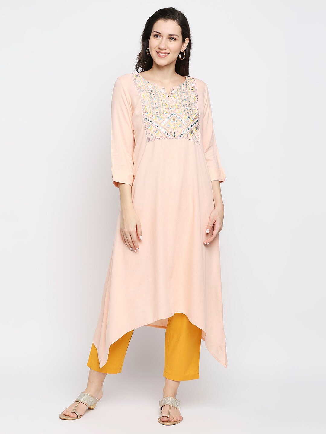 

Ethnicity Women Peach-Coloured Embellished Longline A-Line Top