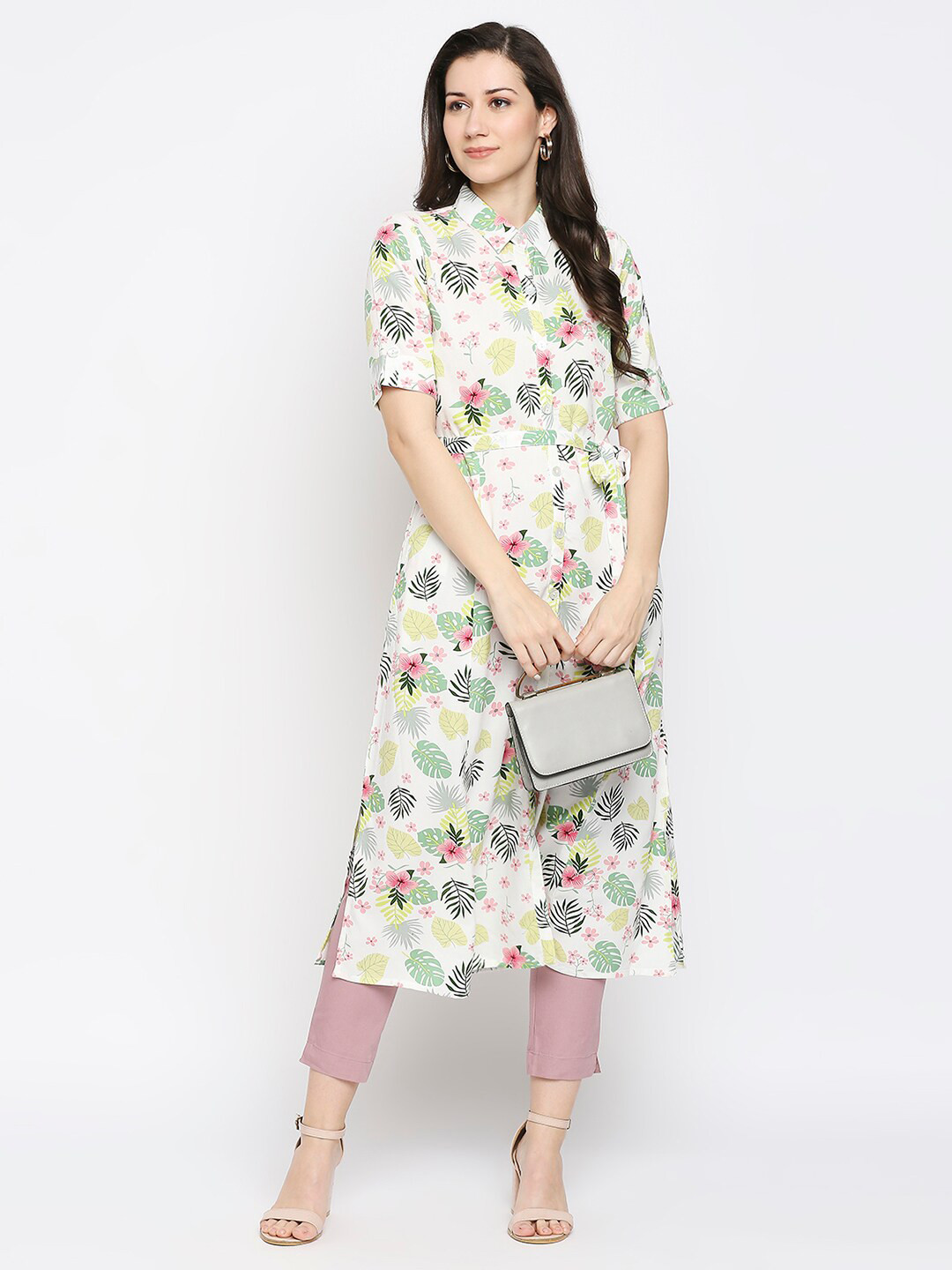 

Ethnicity Women Off White & Green Floral Printed Floral Kurta