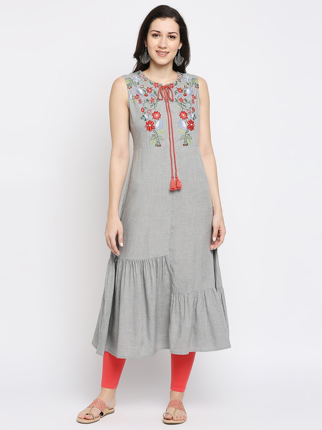 

Ethnicity Women Grey Floral Embroidered Kurta
