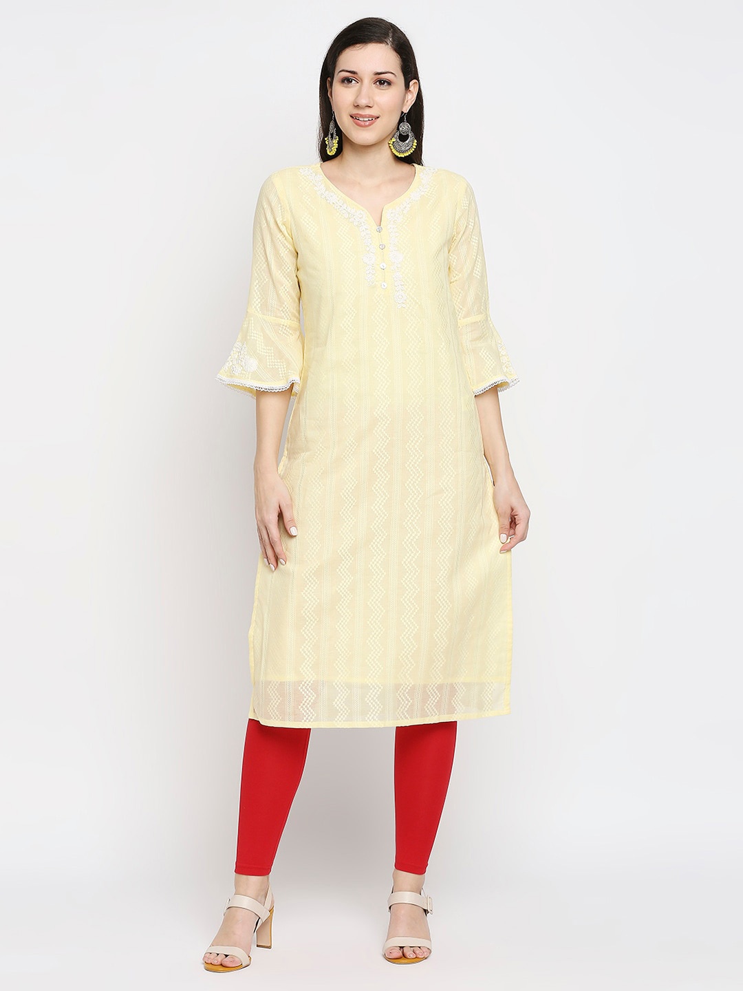 

Ethnicity Women Yellow Floral Embroidered Bell Sleeves Cotton Kurta