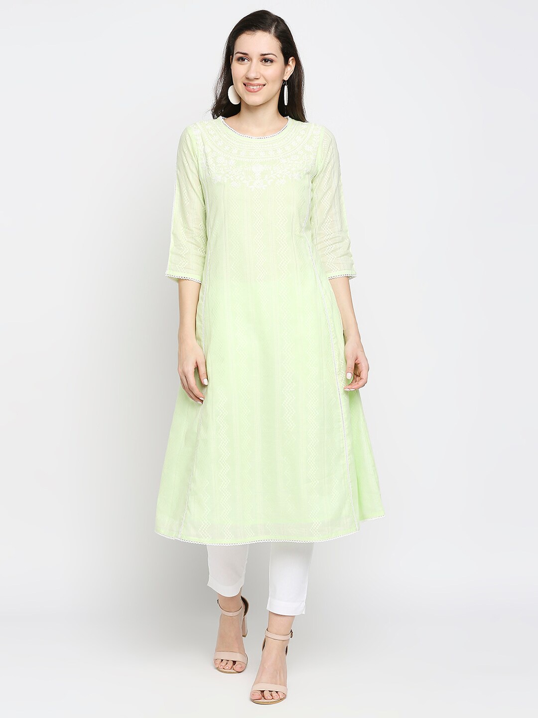 

Ethnicity Women Mint Green Floral Embroidered Thread Work Floral Kurta