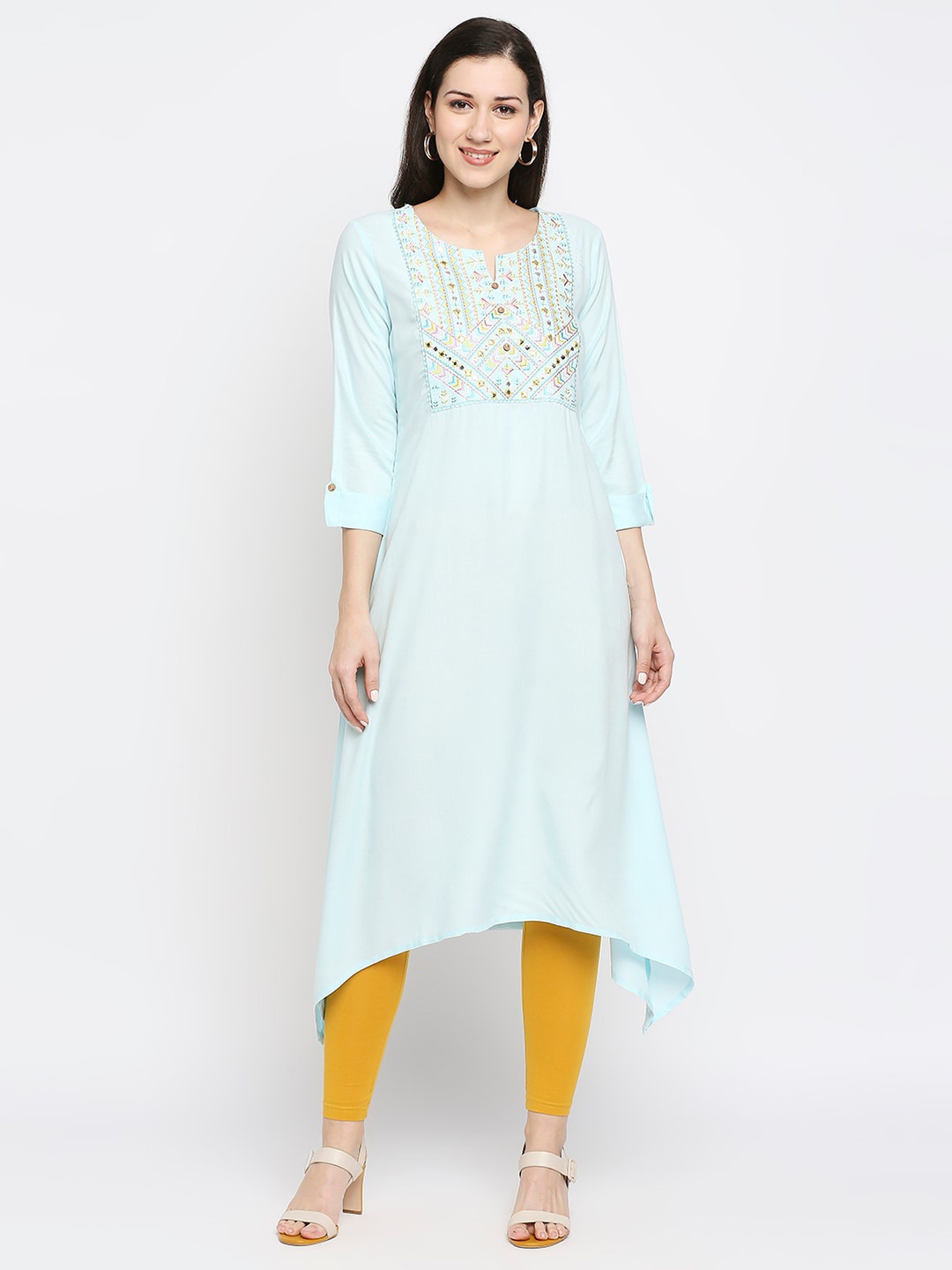 

Ethnicity Women Blue & Pink Floral Embroidered Kurta