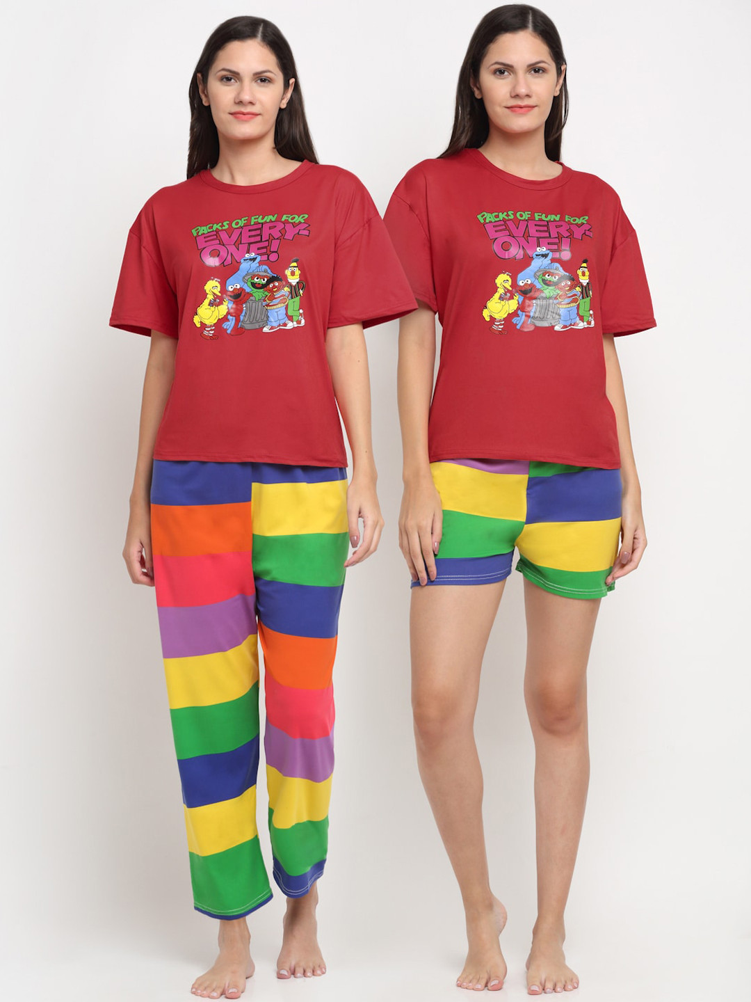 

KLOTTHE Women Red & Green 3 Piece Cartoon Characters Printed Night suit