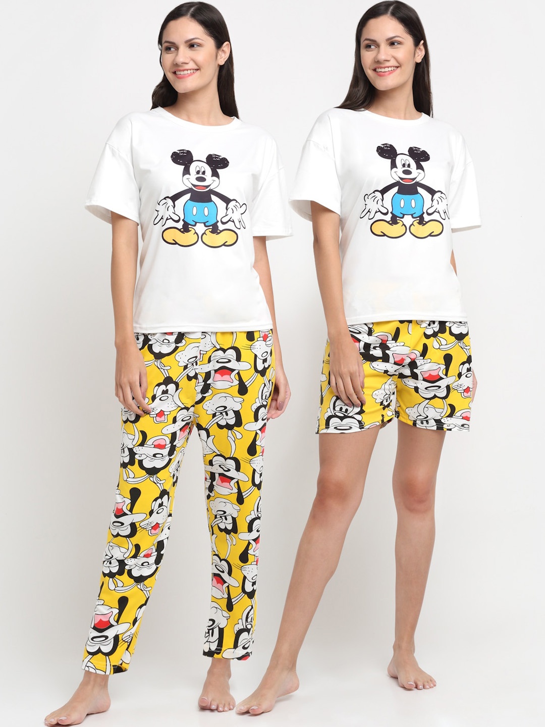 

KLOTTHE Women White & Yellow 3 Piece Cartoon Characters Printed Night suit