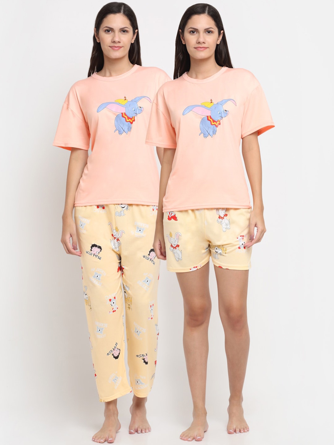 

KLOTTHE Women Peach-Coloured & Cream-Coloured 3 Piece Cartoon Characters Printed Night suit