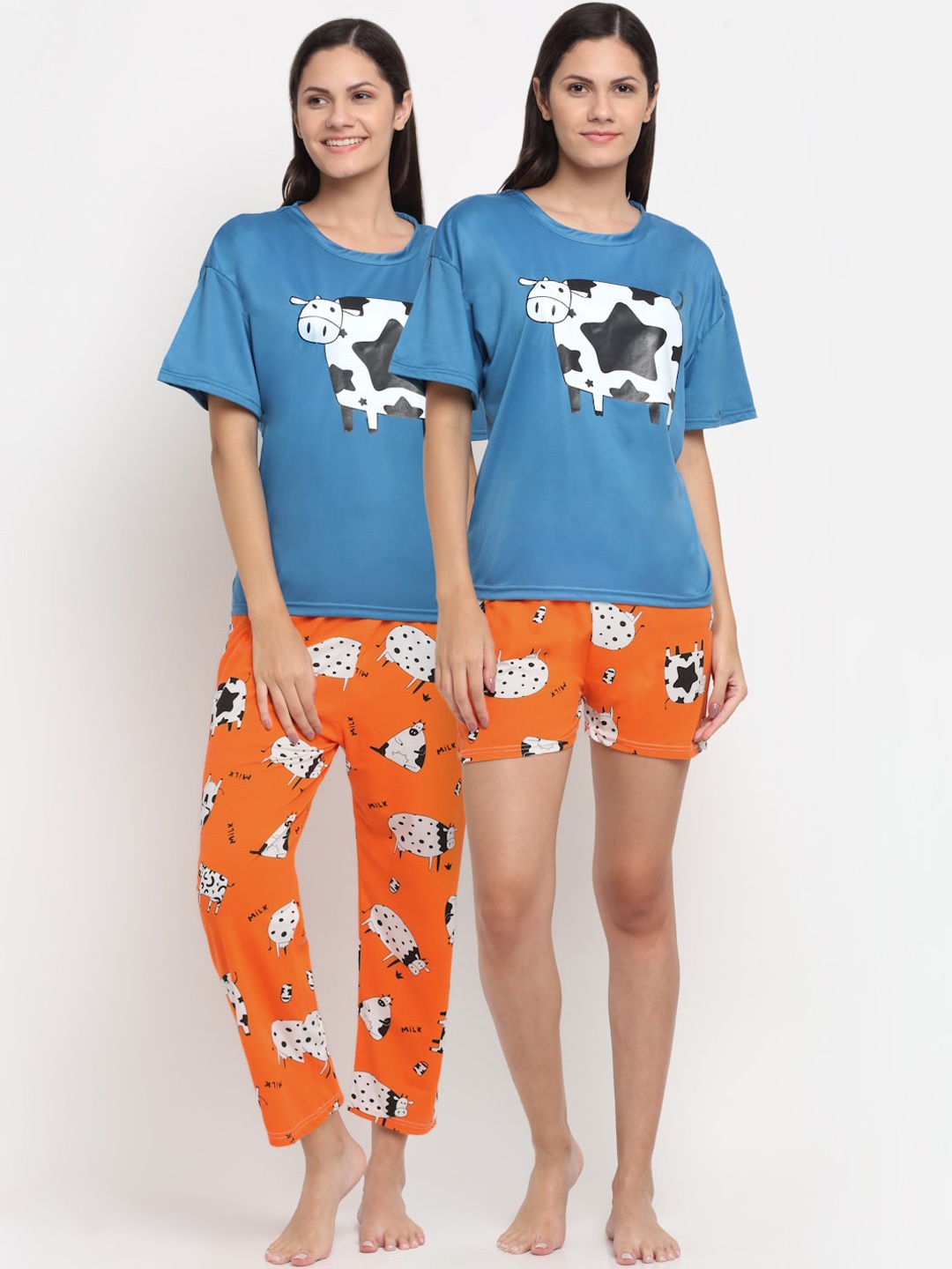 

KLOTTHE Women Blue & Orange 3 Piece Cartoon Characters Printed Night suit