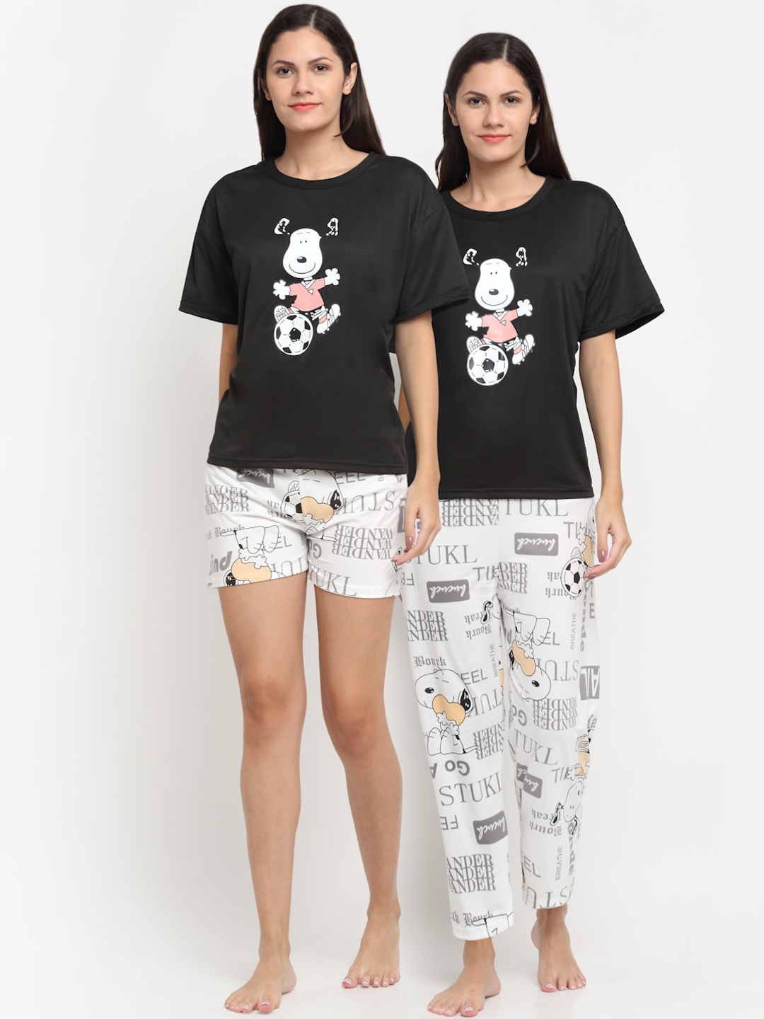 

KLOTTHE Women Black & White 3 Piece Cartoon Characters Printed Night suit