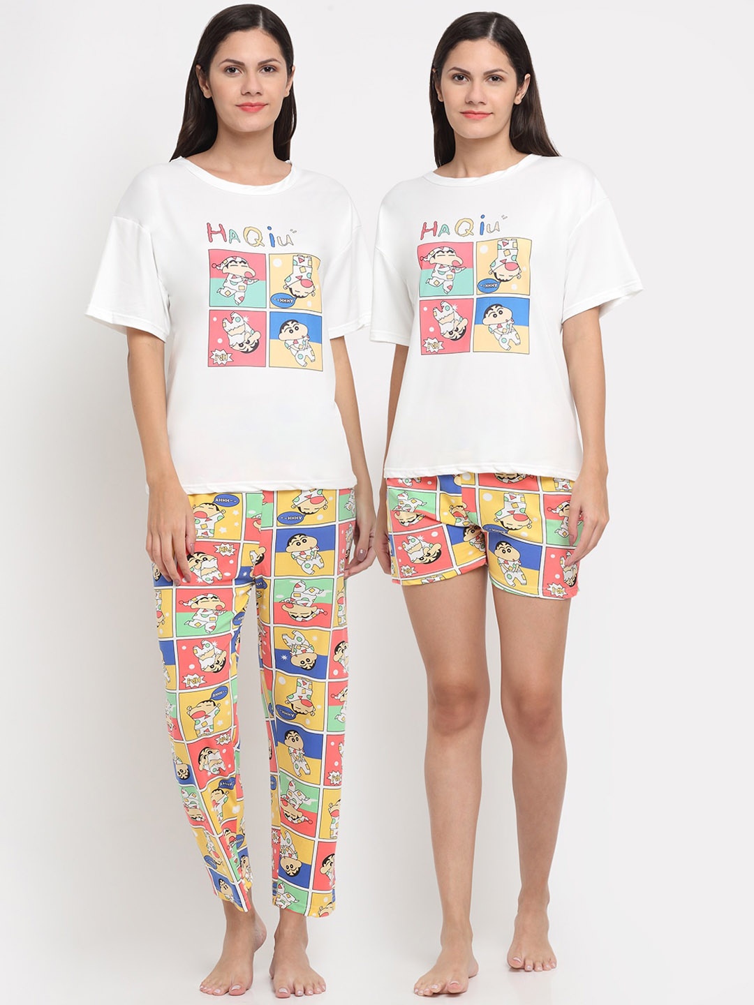 

KLOTTHE Women 3 Piece White & Yellow Printed Night suit