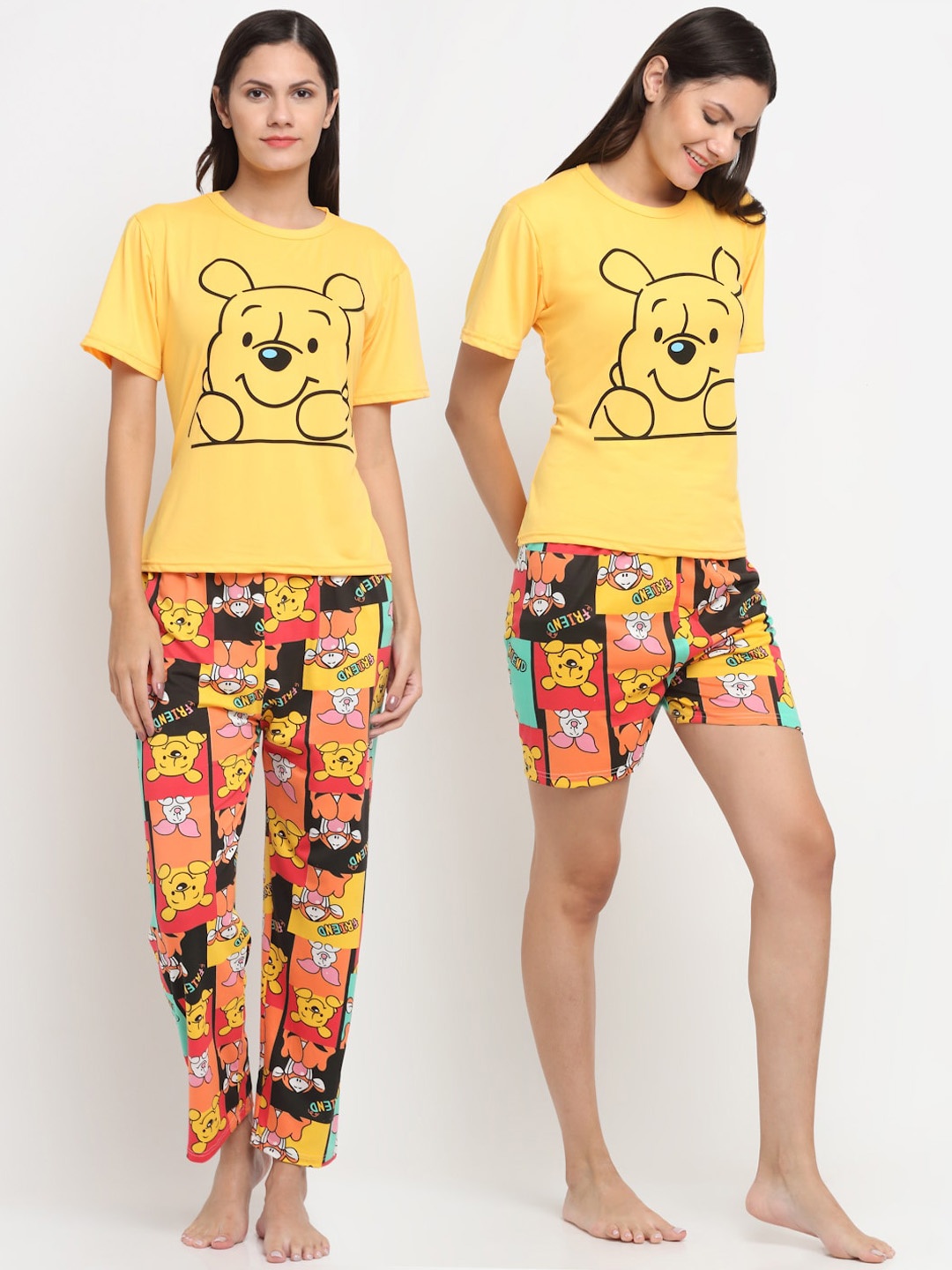 

KLOTTHE Women 3 Piece Yellow & Black Cartoon Character Printed Night suits