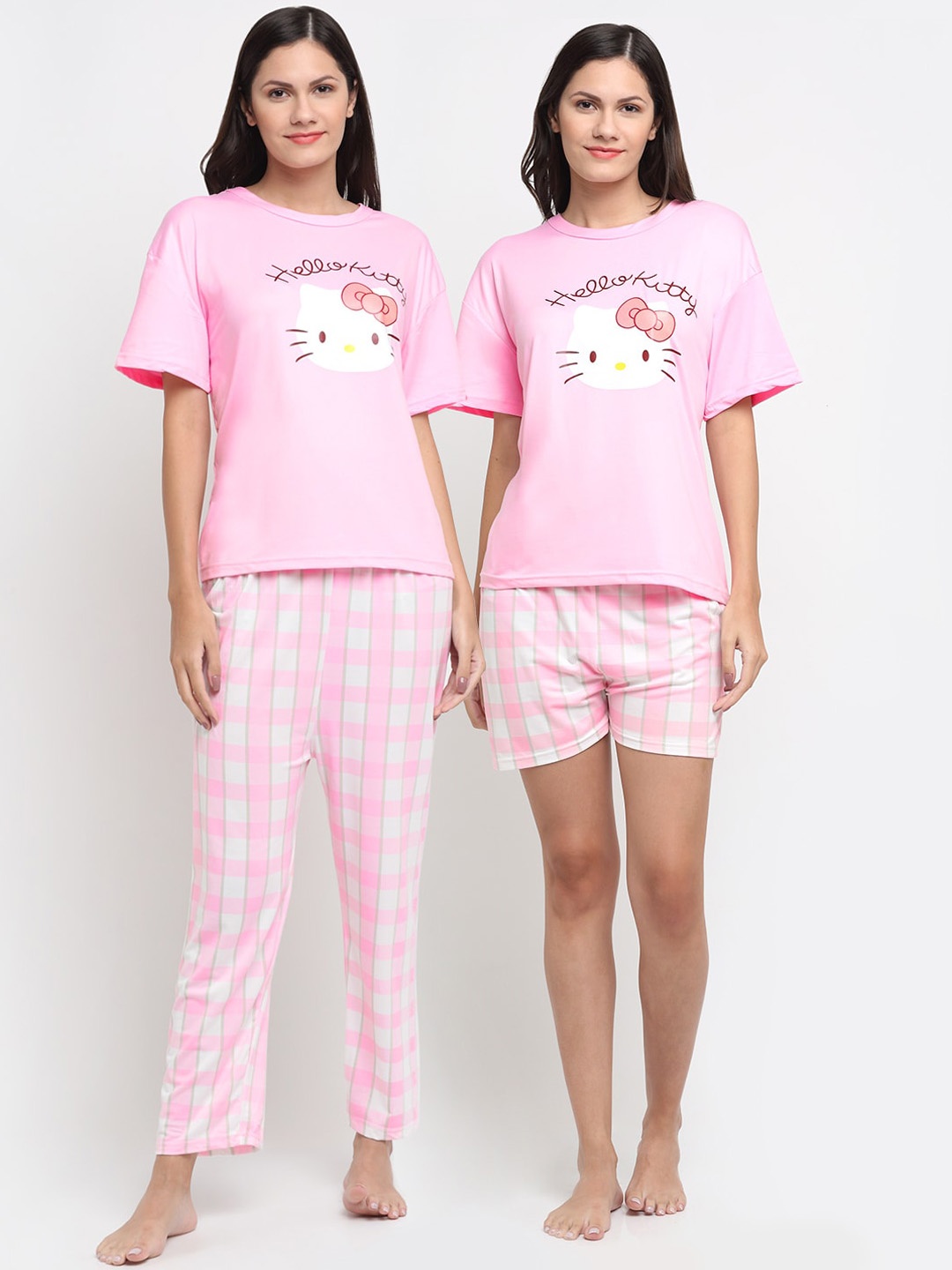 

KLOTTHE Women Pink & White Checked 3 Piece Printed Night suit