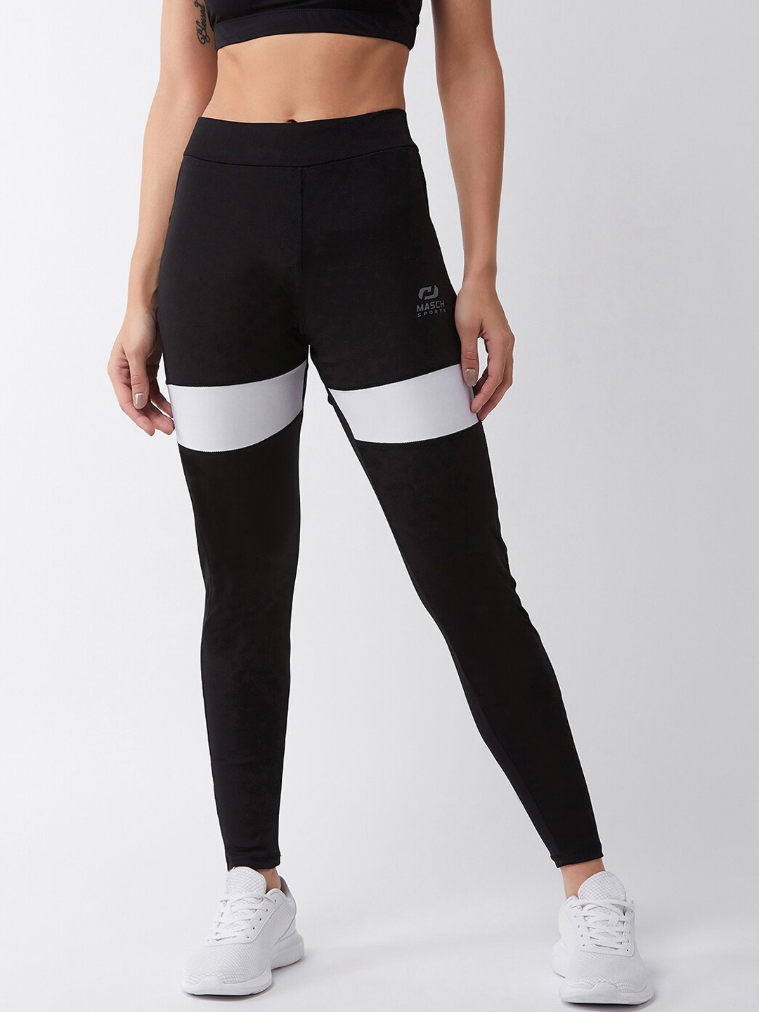 

Masch Sports Women Black & White Colourblocked Dry-Fit Running & Training Tights
